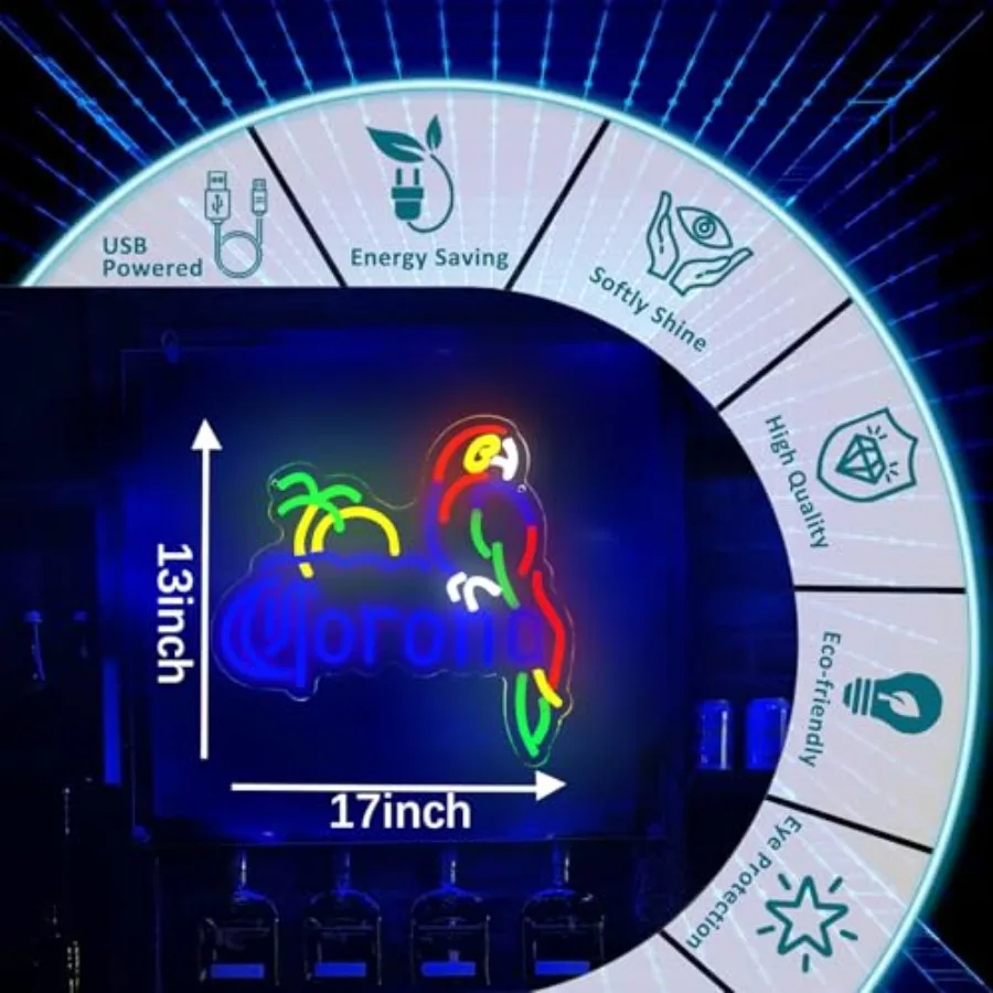 Coron Neon Sign Parrot Neon Lights for Bar Decor, Palm Tree Beer Lights Bar LED Neon Sign Dimmable Light Up Signs Man Cave Home