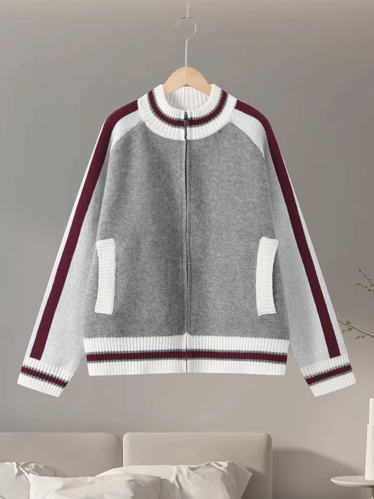 

2026 Spring Casual Knit Cardigan Women Loose Zipper Patchwork Contrast Thick Warm Sweater Female Fashion Lady All-match Jacket