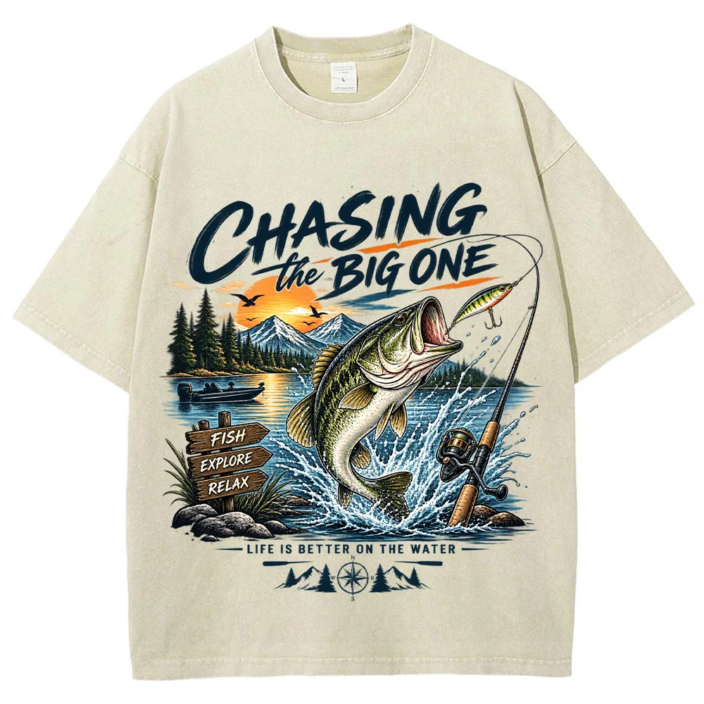 Mens Vintage Fishing Graphic T Shirt Chasing The Big One Bass Print Casual Outdoor Summer Tee Fishing Lover Adventure Shirt