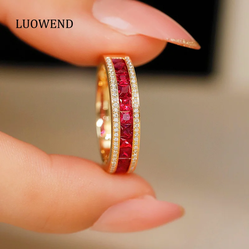 LUOWEND 100% 18K Yellow Gold Rings Fashion Classic Style Shiny Diamond Natural Ruby Engagement Ring for Women Wedding Jewelry