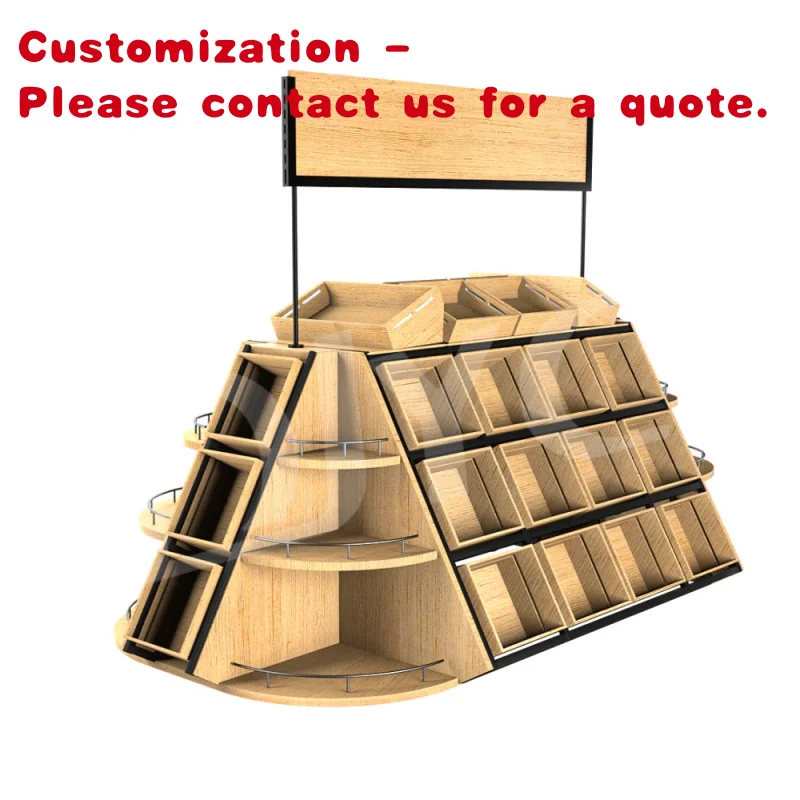 custom.Supply 3D Design Island Wooden Grocery Fruit Vegetable Display Stand Rack Supermarket Shelves with Promotion Billboard