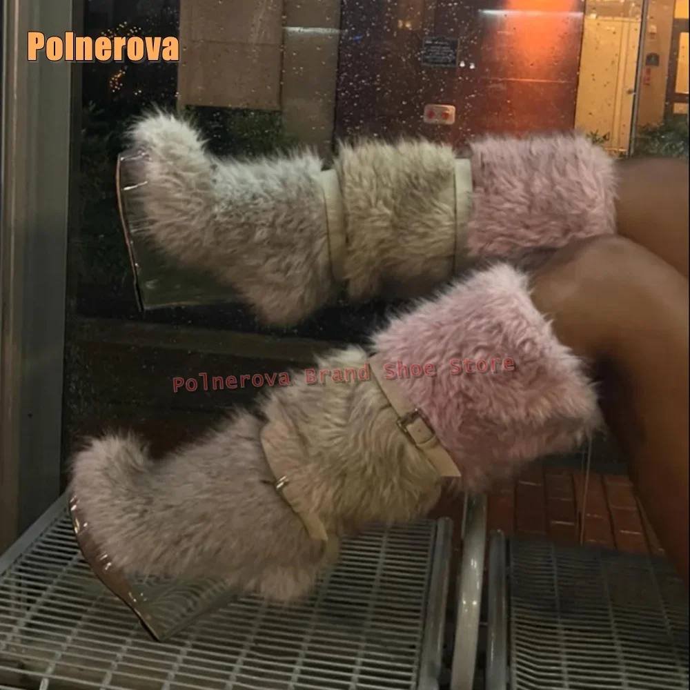 Women Knee High Boots 2026 Winter Multicolor Faux Fur Fashion Snow Boots Round Toe Strange Style Belt Buckle Street Style Trend