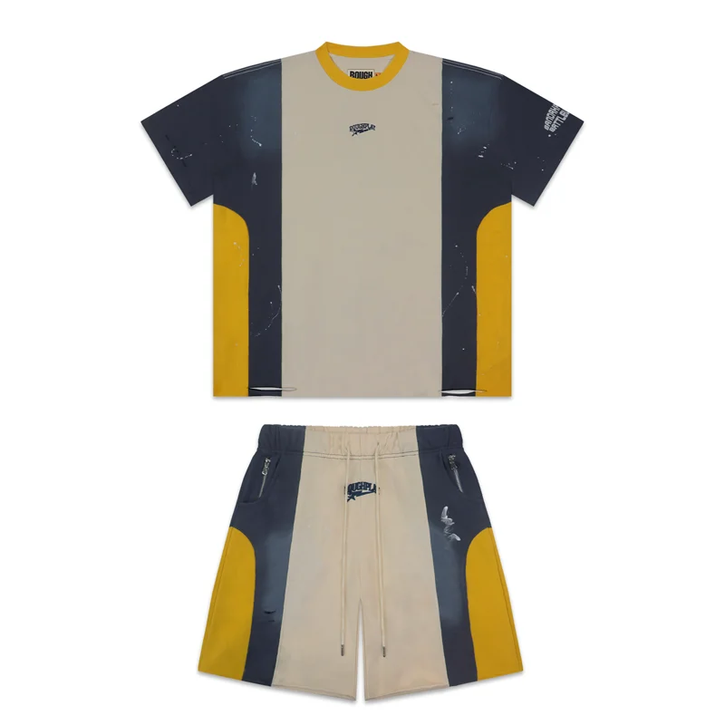 26SS New Rough Play Casual Sets American Retro Splash Ink Used Men's Women's Loose Trendy Short Sleeve Shorts Two Piece Sets