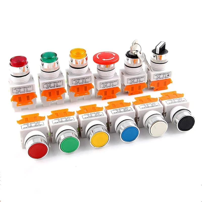 22mm LAY37 Y090 Mushroom Head Emergency Stop RotationReset  Self Lock Push Button Switches  Red  Blue Green  1NO 1NC 10A250VAC