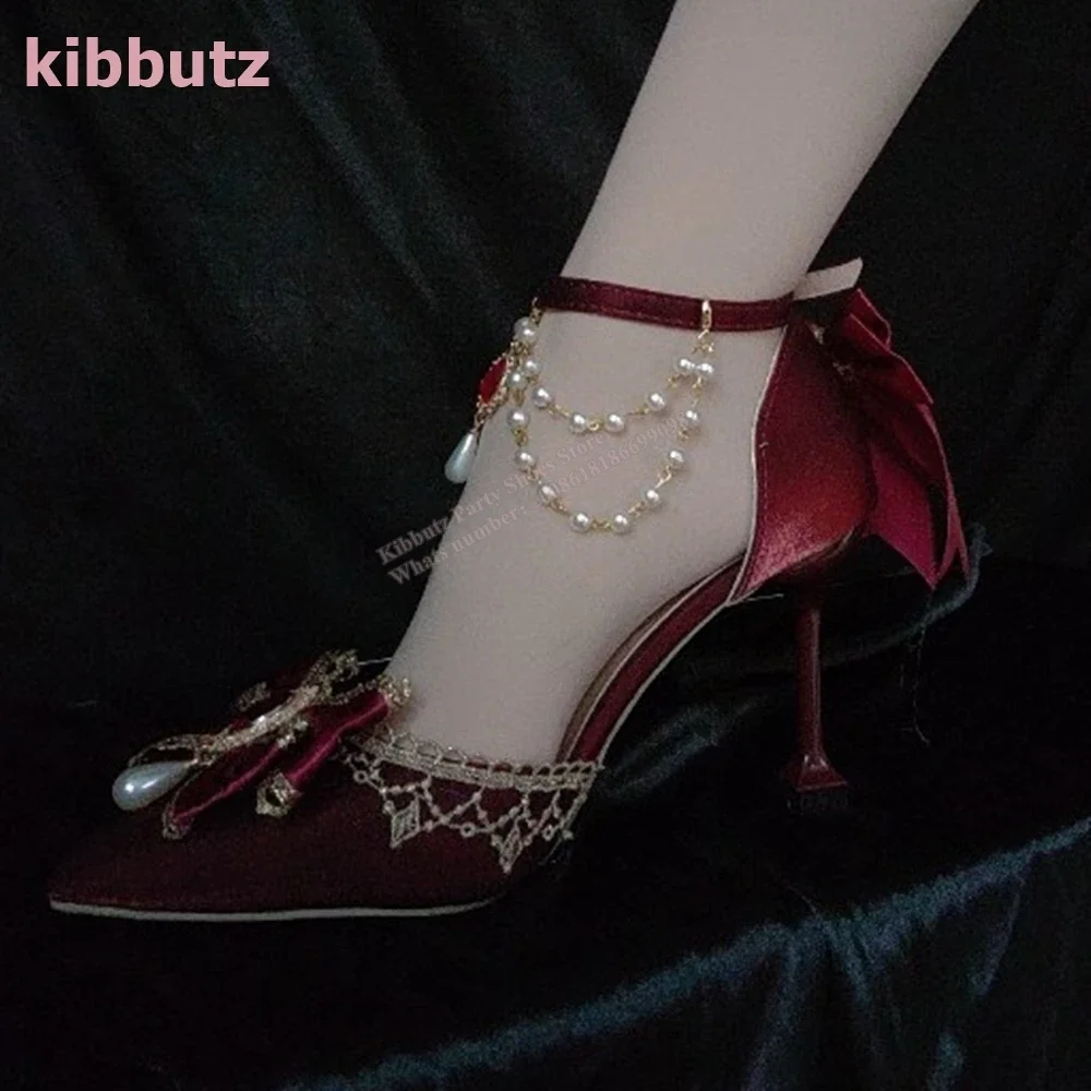 크리스탈 보우 진주 펌프 벨벳 포인티드 토 얇은 힐 체인 라인석 단색 패션, 우아한 럭셔리 섹시 여성 신발, 신상