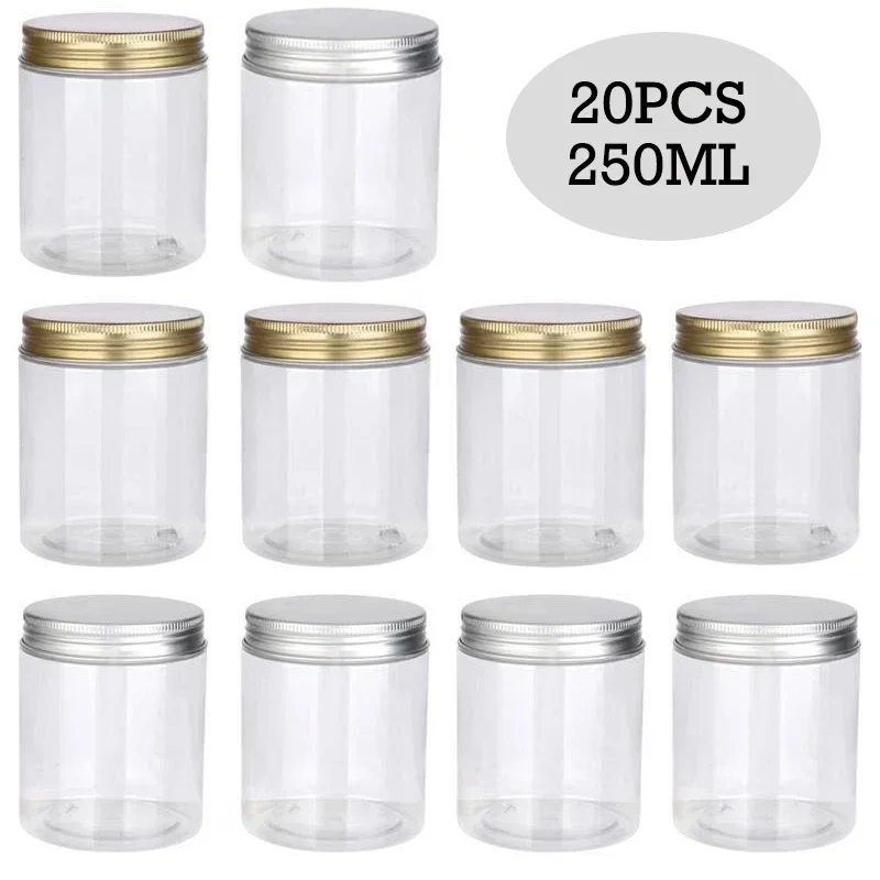 20pcs 250ml Clear Empty Plastic PET Storage Jar With Gold/Silver Aluminum Lids Cosmetic Face Cream Food Container Home Supplies