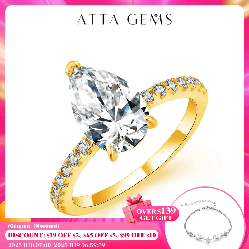 

ATTAGEMS New D Color Moissanite Rings Pear Cut 3.0ct S925 Sterling Silver Classic Wedding Engagement Ring for Women Fine Jewelry