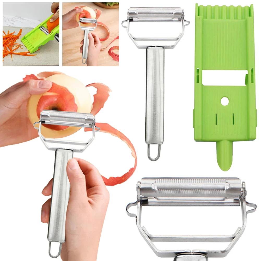 2 In 1 Multi-Knife Peeler with Grid Plate Double Blade Peeler Multifunctional Julienne Strips for Potato Orange Fruit Vegetable