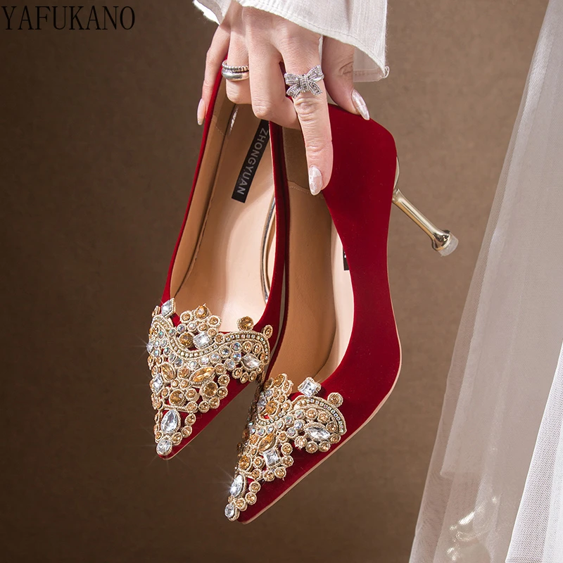 Red Wedding Shoes Bridal Xiuhe Shoes Womens 2023 New Shiny Rhinestones Decor Party Dress Shoes Is Not Tired Feet Single Shoes