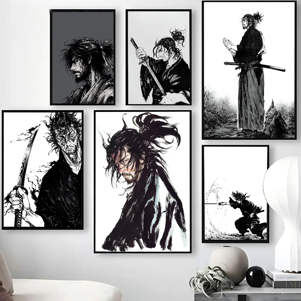 1PC Black And White Japanese Anime Wandering Samurai Miyamoto Musashi Poster Self-adhesive Art Waterproof Paper Sticker Coffee