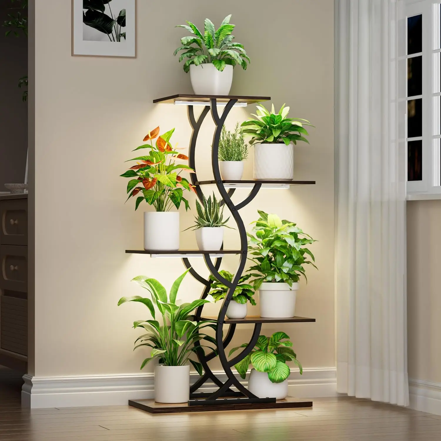 

44" Tall Corner Plant Stand with Grow Lights, 5-Tier Metal Shelf for Indoor Plants in Living Room, Patio, Balcony - Black