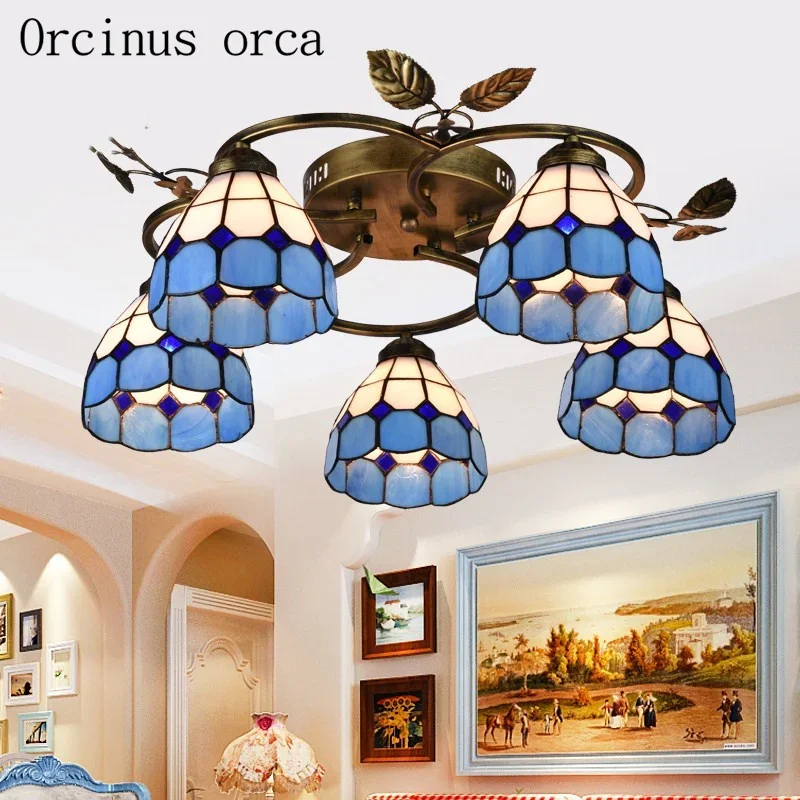 

Mediterranean Blue ceiling lamps living room bedroom aisle simple European pastoral style stained glass ceiling lamps