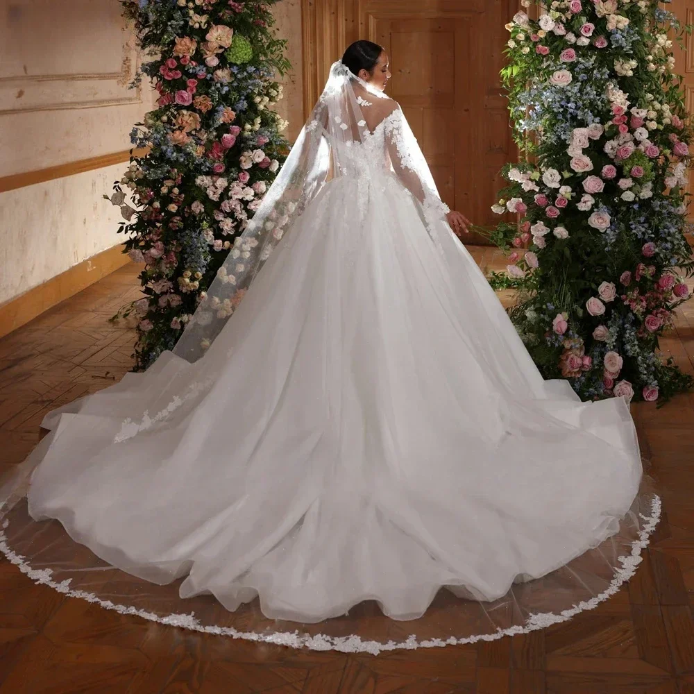 Flavinke Maßgeschneiderte romantische herzförmige Ballkleid-Hochzeitskleider 2025, Applikationen, lange Ärmel, Spitze, glitzerndes Prinzessin-Brautkleid