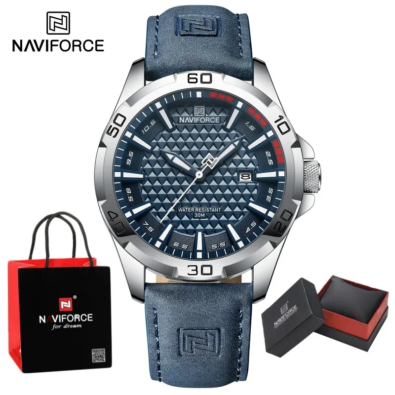 

Новый стиль NAVIFORCE, мужские модные роскошные наручные часы, мужские кварцевые часы, спортивные противоударные водонепроницаемые кожаные повседневные посылка, подарки