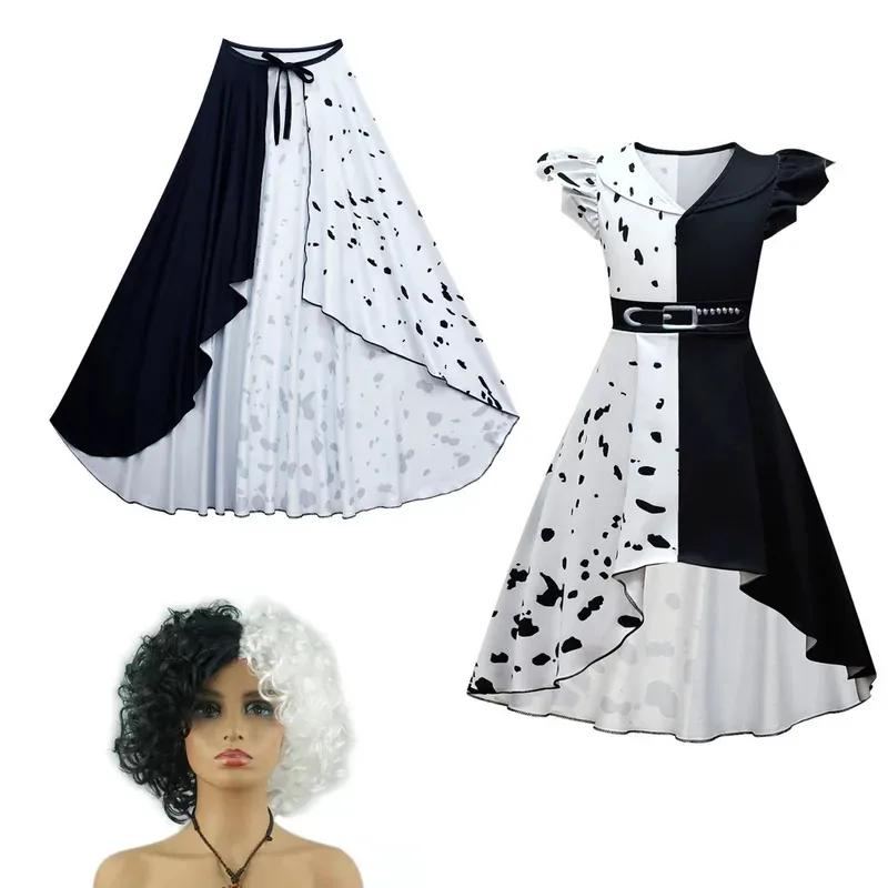 Disfraz De Madame malvado Cruella De Vil, disfraz De Cosplay para niños, vestido De lunares para niñas, vestido elegante para fiesta De cumpleaños y Halloween, capa, peluca sk;m1