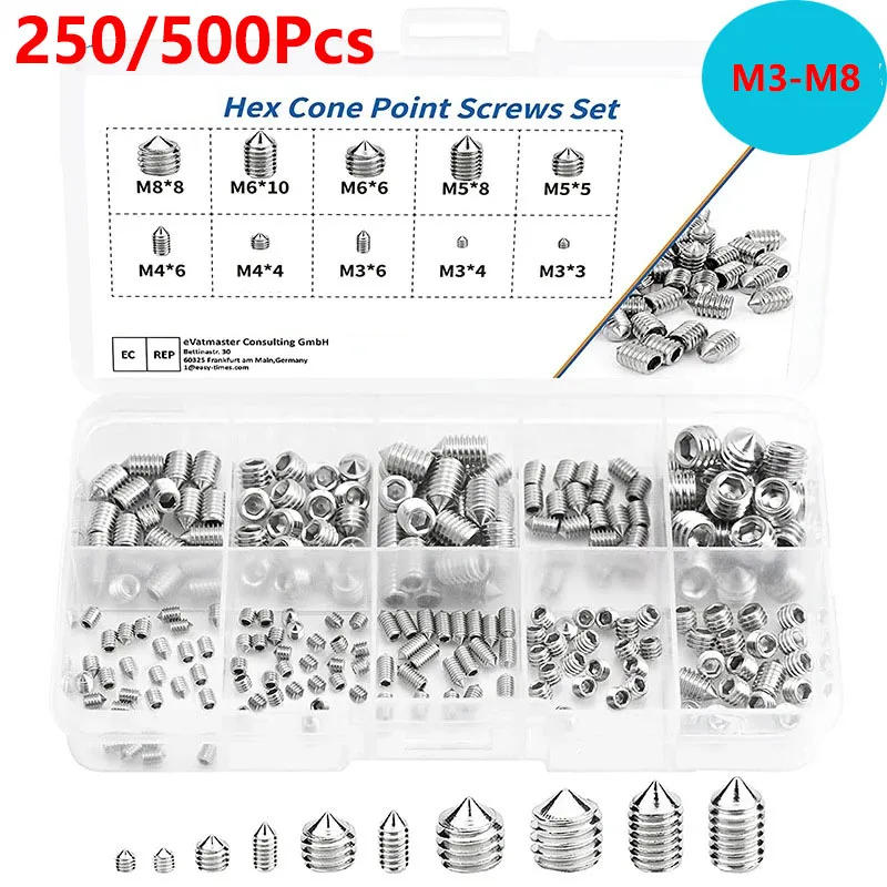 

250/500Pcs Stainless Steel Hex Socket Screw Set M3 M4 M5 M6 M8 Grub Screws with Cone Point & Tapered End Durable 3D Fasteners