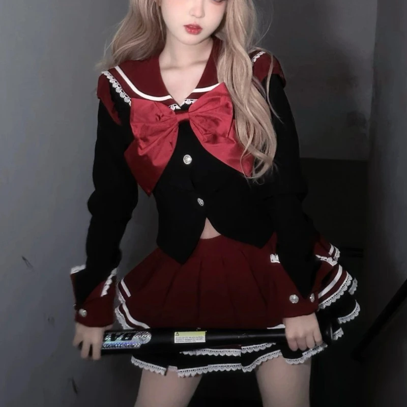 

Y2k Эстетический консервативный стиль, комплект из 2 предметов, женские топы с длинными рукавами и бантом Kawaii + короткая юбка Harajuku, модная униформа JK, наряды моряка