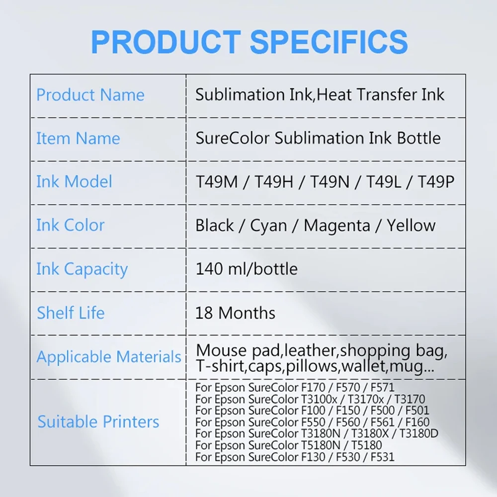 F500 Sublimation Ink For T49N T49H T49L For Epson SC-F100 F170 F150 F160 F500 F550 F570 F530 T3170X T3180N Sublimation Printer