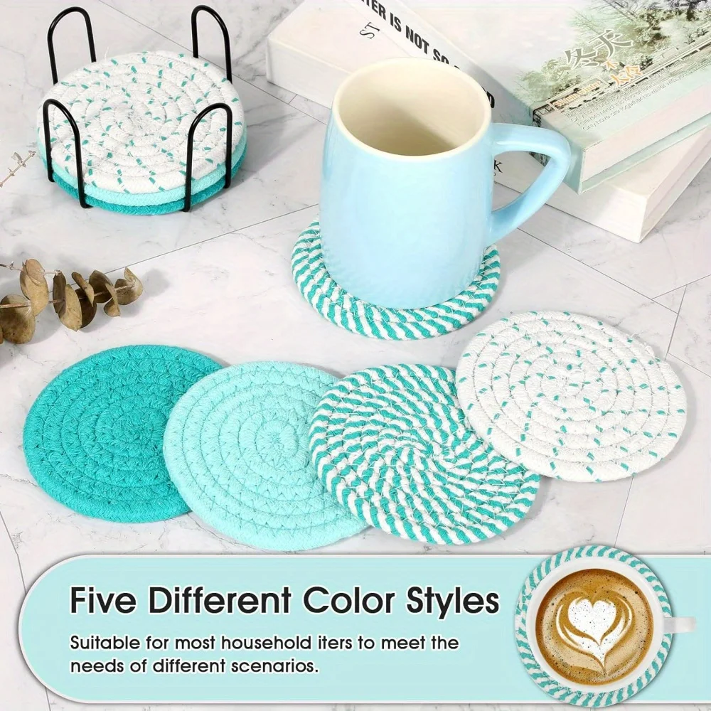 8-piece cotton woven coaster set with bracket, used for desktop protection, table decoration, restaurant, coffee shop