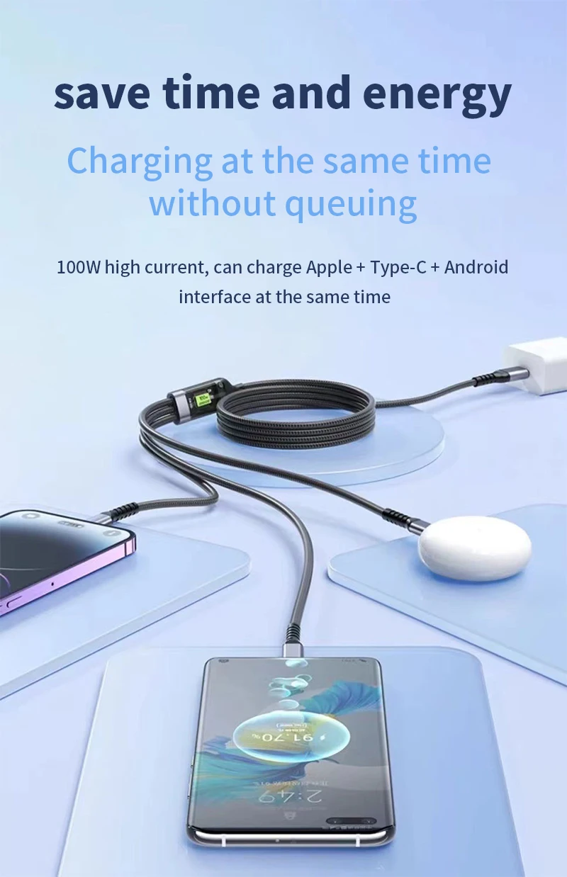 4PCS 3-IN-1 100W Nylon Woven Fast Charging Cable With Type-C, Micro USB, IP Port Compatible With Multiple Devices Multi Port Multiple Charging Wire