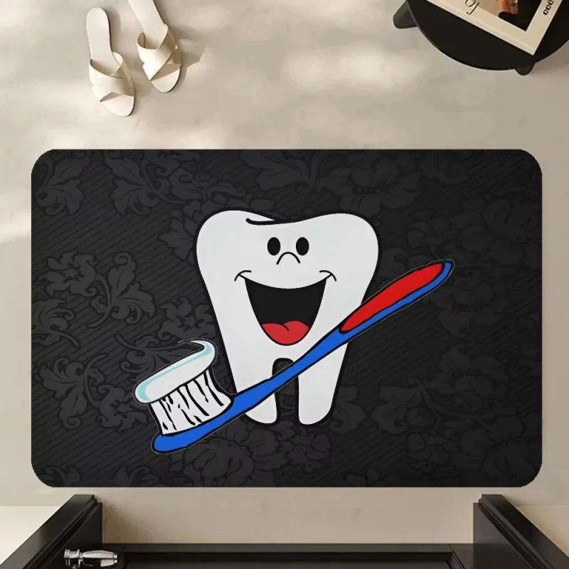 Cute Cartoon Tooth Toothbrush Print Doormat Non Slip Funny Dentist Bathroom Floor Mat