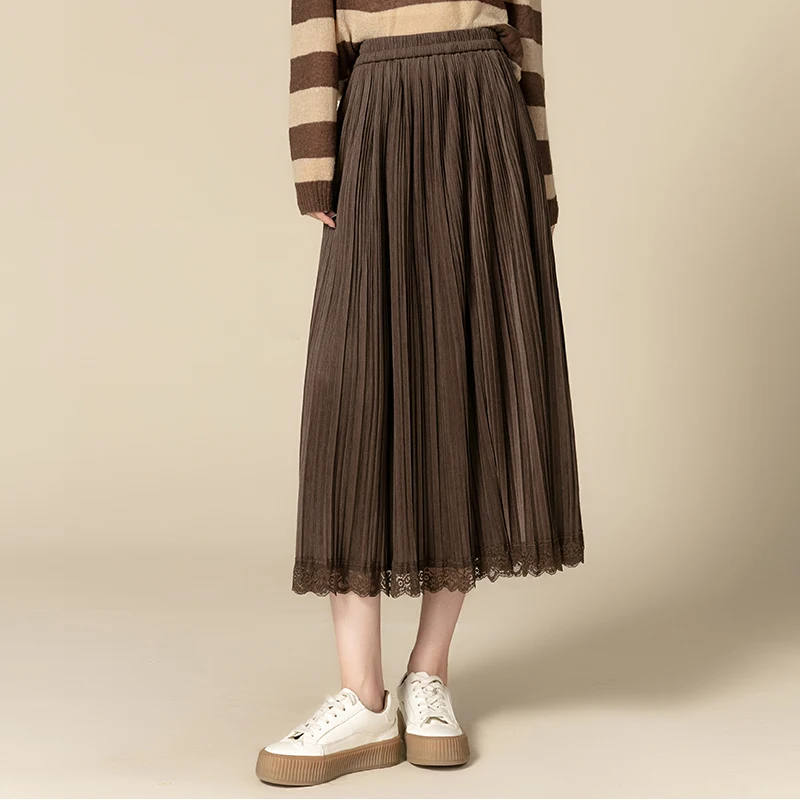 

Womens 2024 Autumn/Winter Black/Coffee Pleated Skirt Fashion High Waist Ladies Free Size Female Mid-Calf Skirt