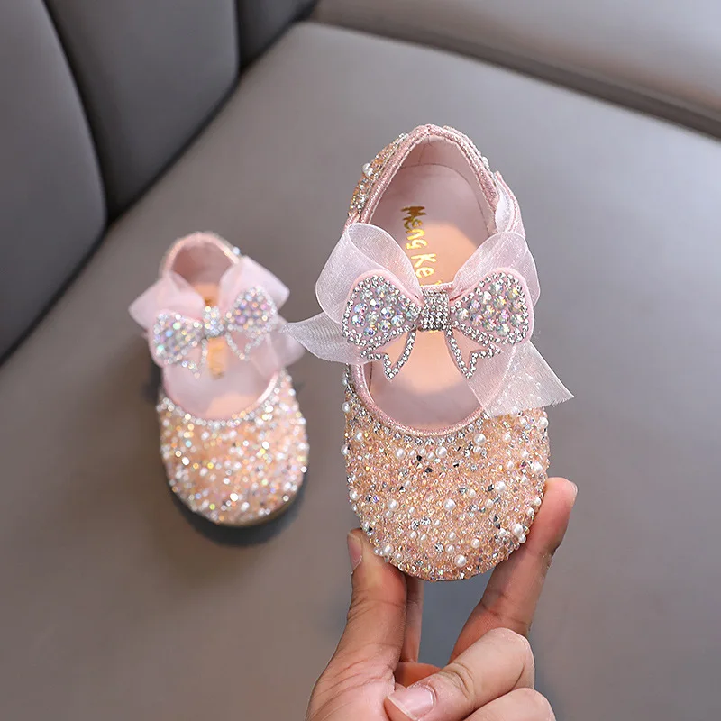 AINYFU New Children's Sequined Leather Shoes Girls Princess Rhinestone Bowknot Single Shoes 2024 Fashion Baby Kids Wedding Shoes