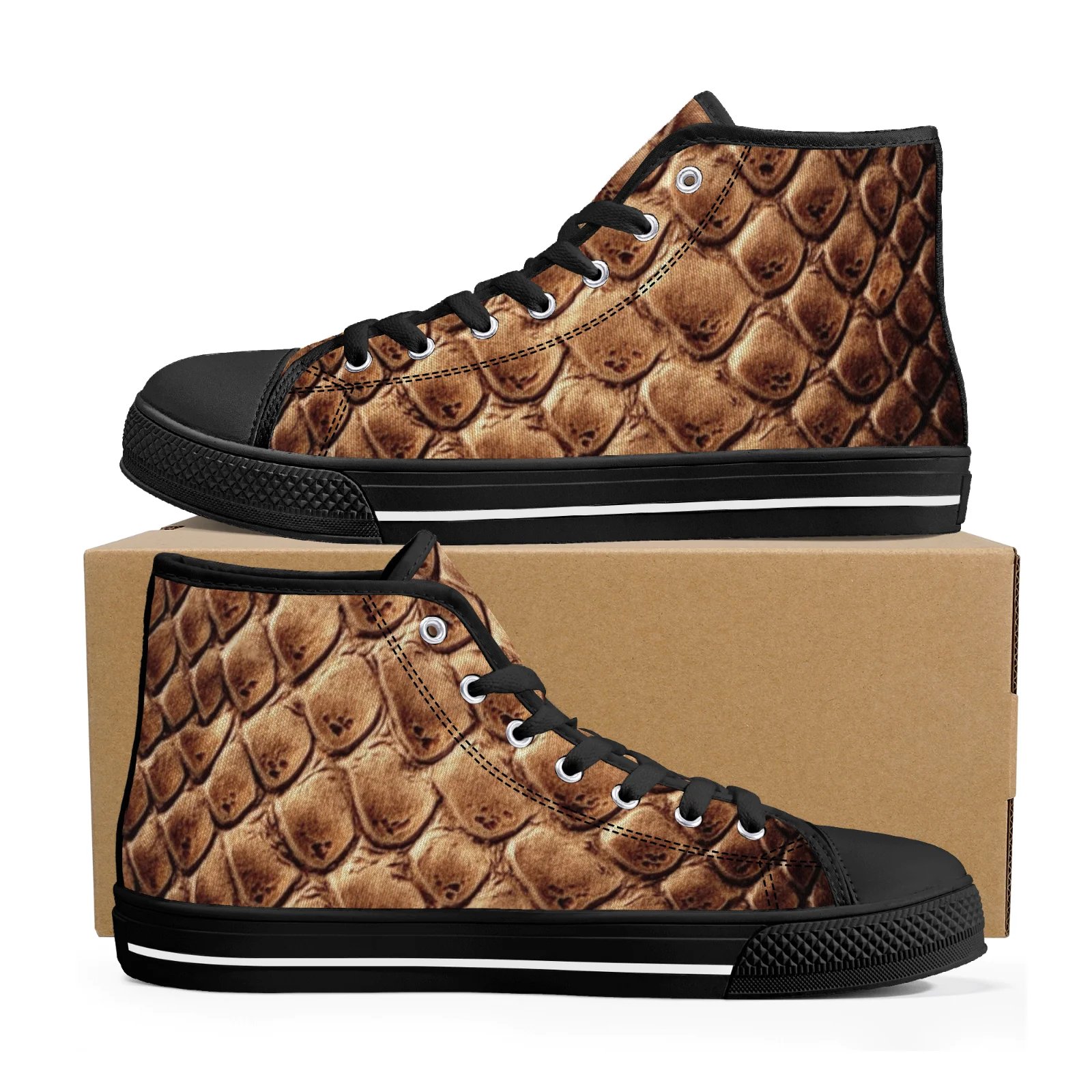 

Customizable classic high-top canvas shoes with snake scale prints for men and women, vulcanized shoes, and casual sneakers