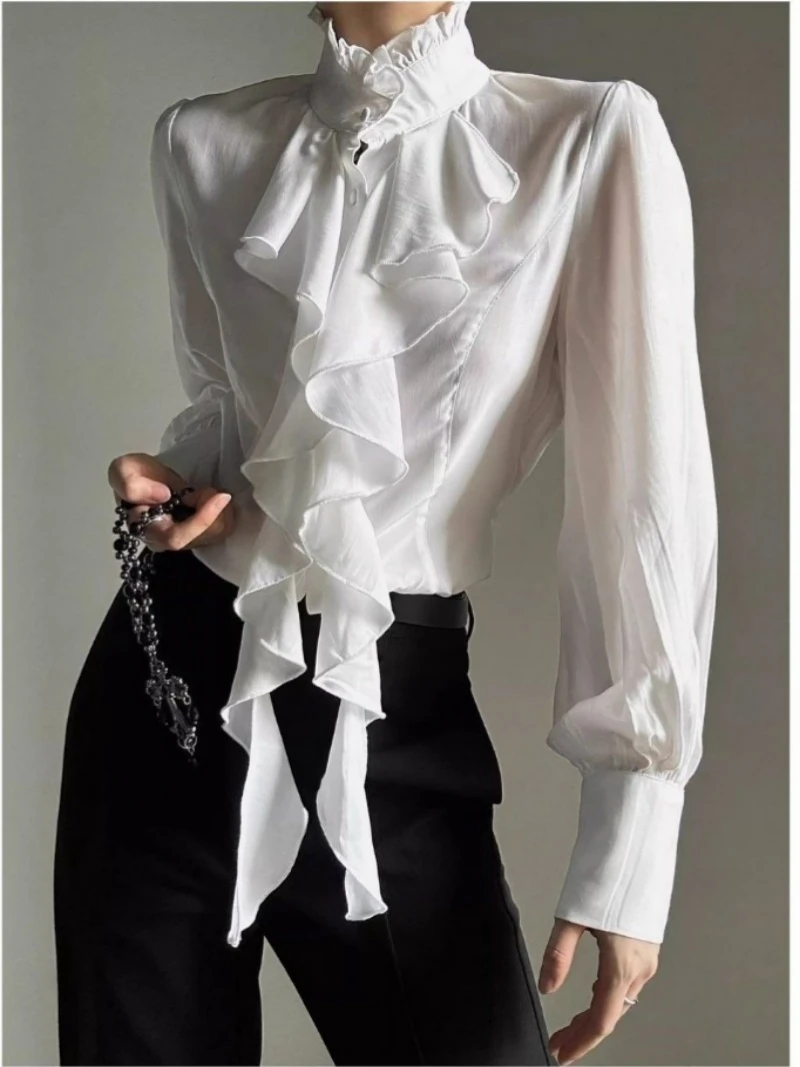 Vintage Stand Collar Ruffles Blouses Medieval Lolita Prince Shirt Ouji Cos Gothic Top for Men Women Long Sleeve Tops White Black