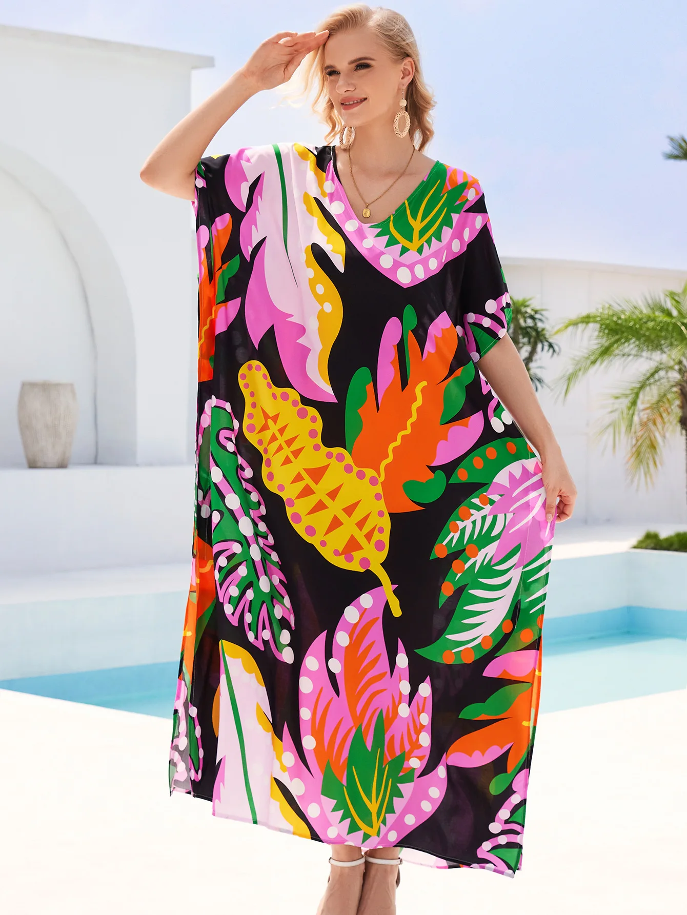 Tropical Plants Printed Large Beach Dress for Woman Summer Outwear Pullover Long Dresses Beach Party Dresses Maxi Boho Cover Up