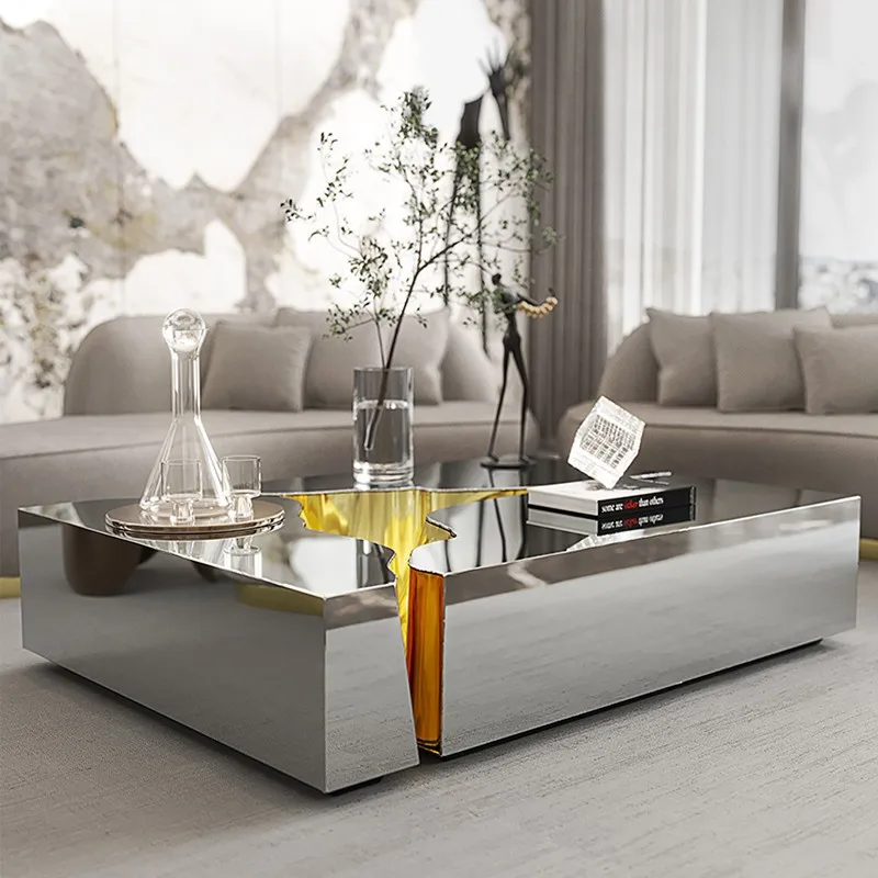

Italian light luxury stainless steel coffee table, modern high-end villa designer splicing metal paint square tea table