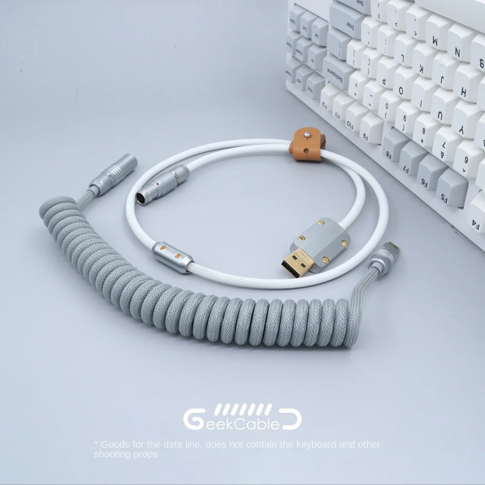 GeekCable pure handmade customized keyboard data aviation spiral line rear aviation plug weaving gray white,type c cable