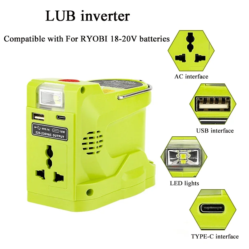 AC220V Output Inverter Power Supply Adapter LED Light For Makita For Dewalt For Bosch For Milwaukee For Ryobi 18V Li-ion Battery