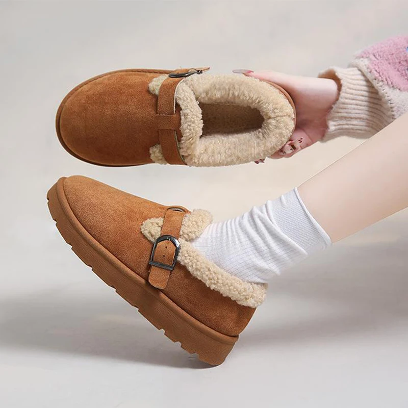 Fashion Thick Sole Warm Woolen Shoes Women Winter New Brown Bean Shoes Portable Slip-ons Thicker Warm Comfortable Cotton Shoes