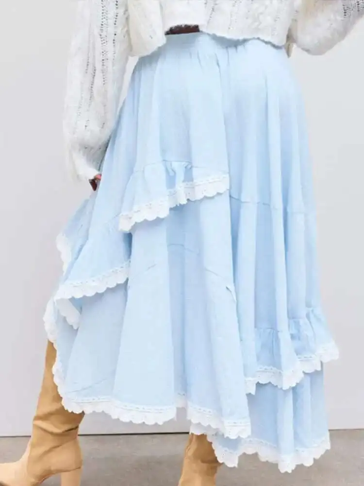 BabYoung Spitze Patchwork Unregelmäßigen Saum Langen Rock Elegante Gefaltete Taille Neue frauen Sommer High Street Urlaub Röcke