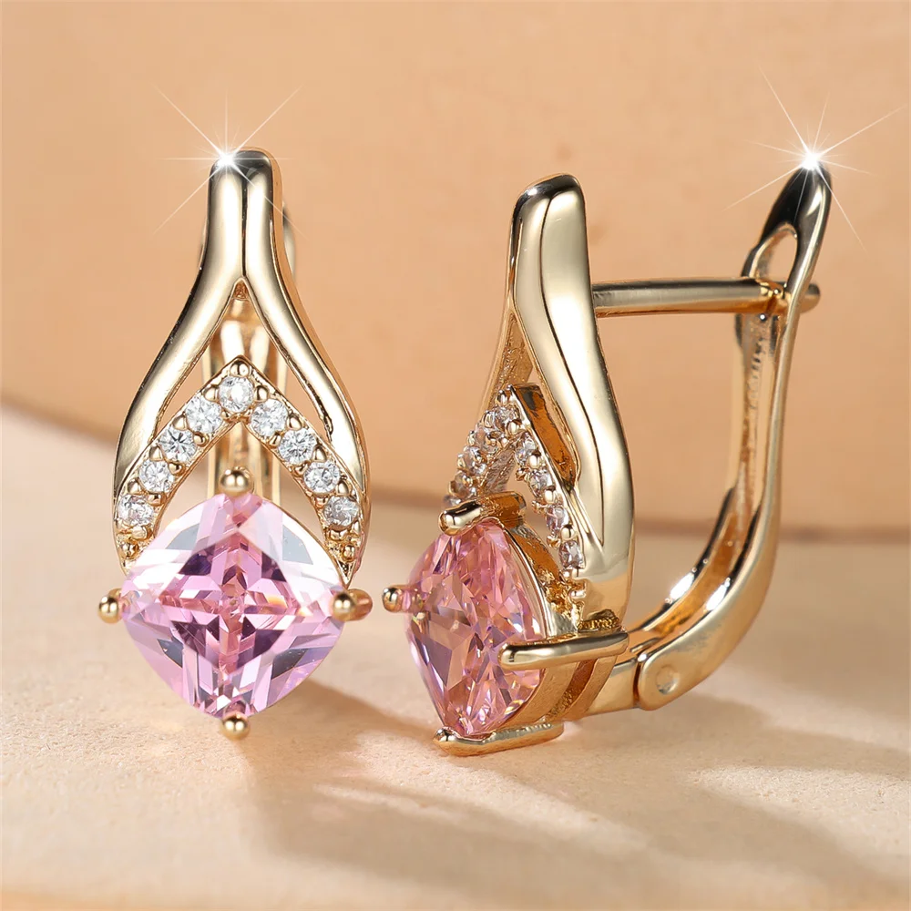 Retro Black Crystal Pink Zircon Square Stone Hoop Earrings For Women Charm Gold Color Ear Buckle Wedding Jewelry Versatile Gifts