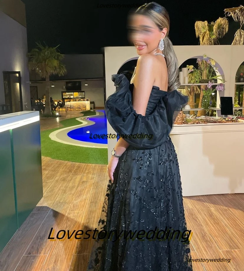 Lovestory Black Flowers Lace A Line Prom Dresses Ruched Off Shoulder Robe Des Marrige Zipper Back Birthday Party Evening Gowns