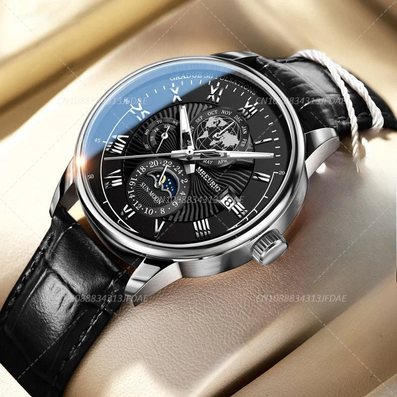Versatile Watch For Men Trendy High end Light Quartz Watch Leather Strap Fake Three Eye Fashion Business Wristwatch