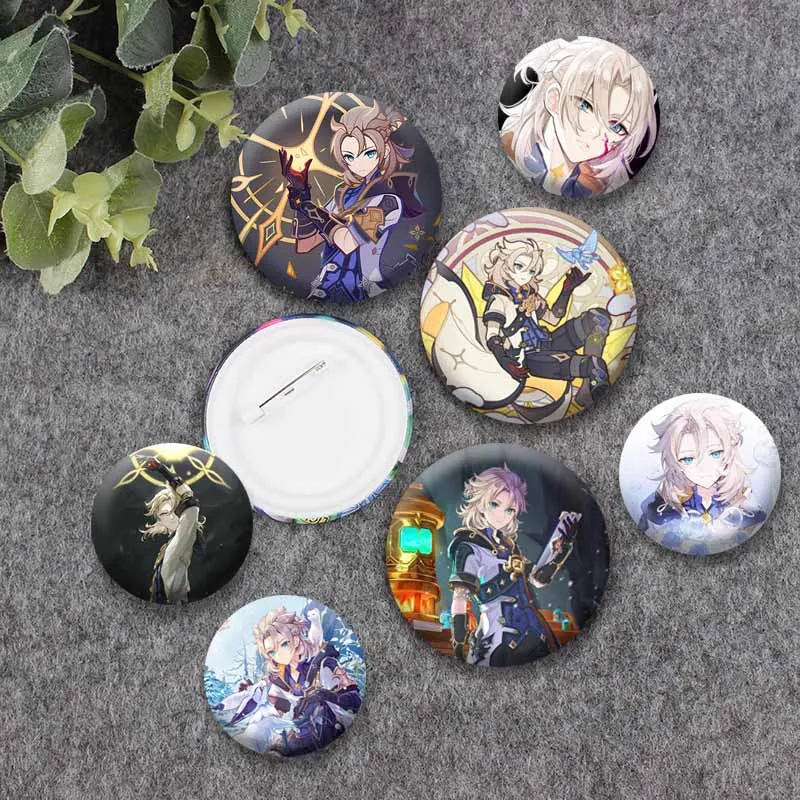 Game Figure Albedo Button Brooch Funny Genshin Impact Cartoon Badge Custom Round Jewelry Pins Clothes Backpack Nijigen Ornaments