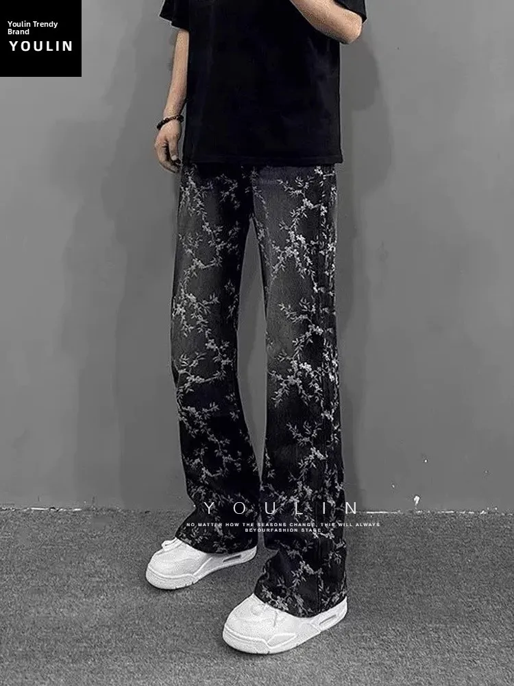 

Cleanfit Thorn Embroidery Denim Jeans Men's Spring Trendy American High Street Straight Leg Micro Flare Pants Casual Wear
