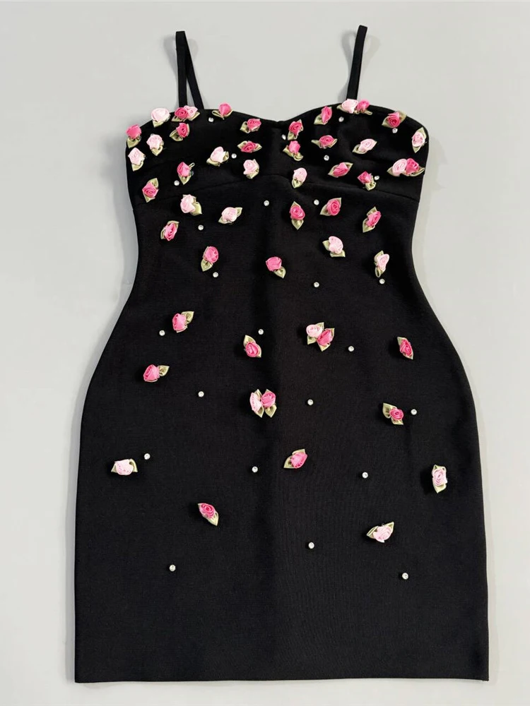 فستان مثير بحمالات رفيعة مزين بالزهور فستان نسائي أسود بدون أكمام بدون ظهر مزين بالزهور فساتين ضيقة للحفلات المسائية وحفلات الكوكتيل