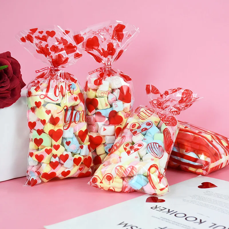 

60pcs Red Heart Printed Candy Gifts Bags Valentine's Day Wedding Birthday Party Candy Buscuits Baking Packaging Treat Gifts Bags