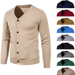 2024 Autumn Men's Knitted Cardigan Thin V-neck Elastic Slim Fit Button Up Sweater Solid Color Casual Versatile Coat 5XL-M