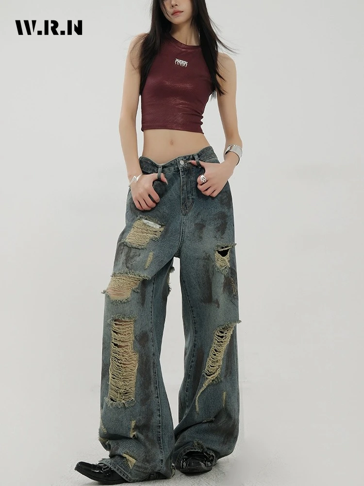 2024 Summer Sexy Vintage Ripped Harajuku Loose Fit Jeans Y2K Hollow Out Wide Leg Trashy Pants Women's Baggy Denim Trouser