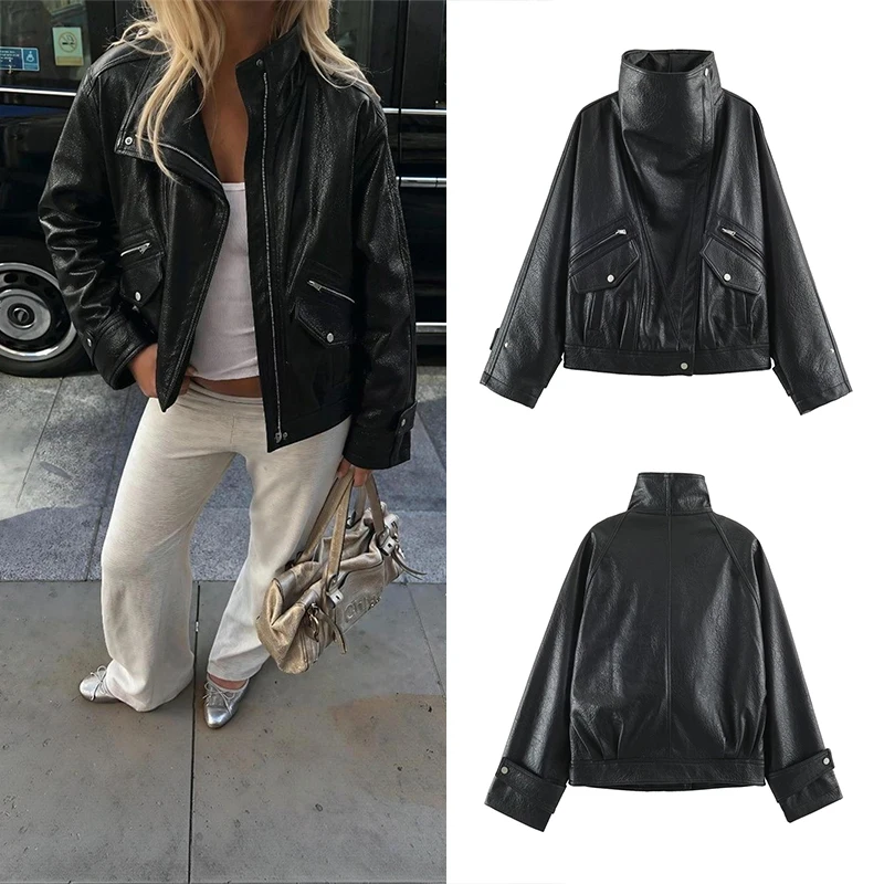 Guobioziy Women's Slim Fit Faux Leather Jacket 2026 Spring-Autumn Edition Euro-American Casual Fashion Trend Motorcycle Street