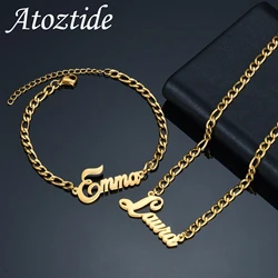 Atoztide Personalized Custom Name Bracelet Necklace Jewelry Set Figaro Chain Pendant Stainless Steel For Women Men Birthday Gift