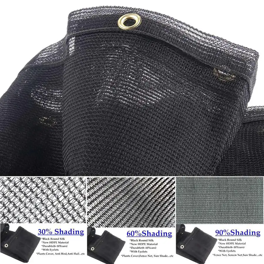 HDPE Black Round Wire Sun Shade Net 30%-80% Anti-UV Shade Cloth with Reinforced Eyelets for Garden Plants Terrace Balcony Privac