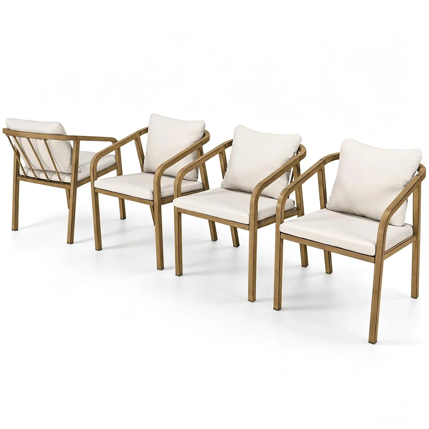 Aluminum Patio Dining Chairs 4pc with Removable Cushion, Ergonomic Wraparound Seating for Deck Lawn Garden, Teak, Customized