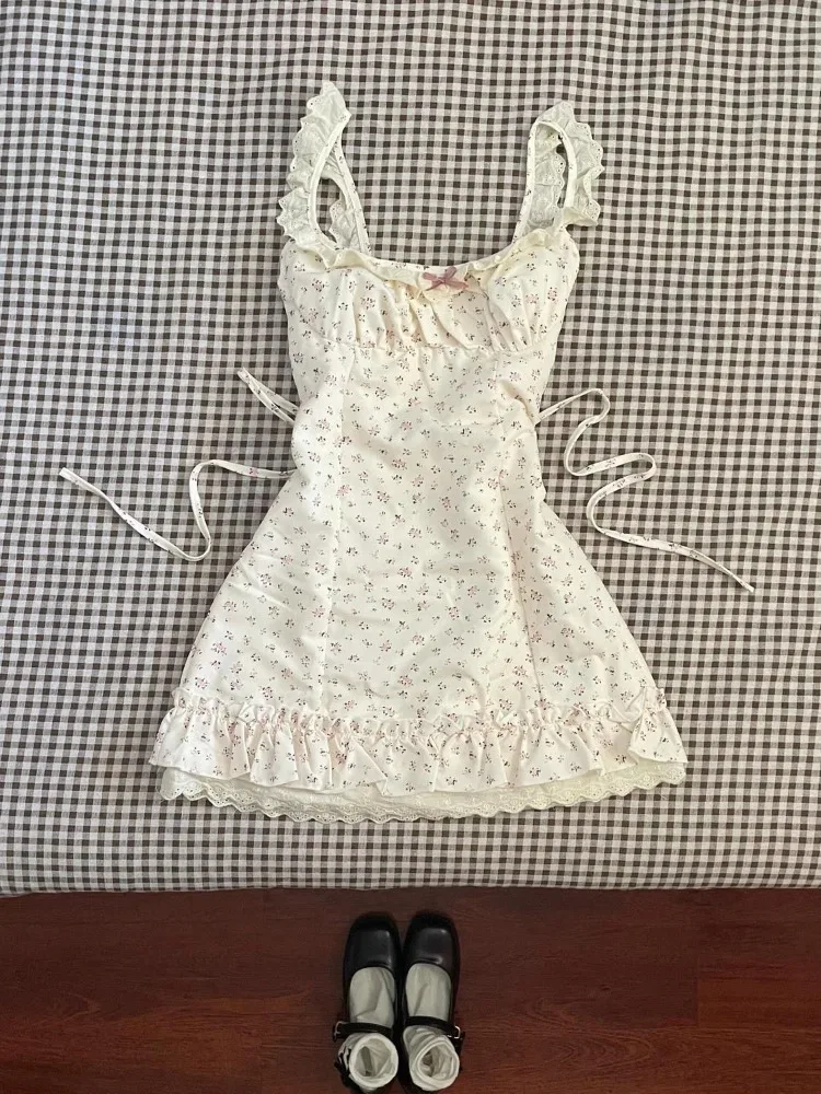 

French Sweet Tunic Waist Dress Women Gentle Strappy Patchwork Sleeveless Clothes Female Kawaii Floral Print Flower Dress
