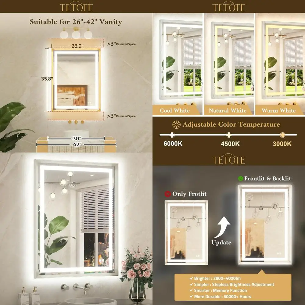 

Настенное светодиодное зеркало для макияжа с рамкой из матового никеля, подсветкой и функцией антизапотевания, 3 цветовые температуры: белый/теплый/естественный свет